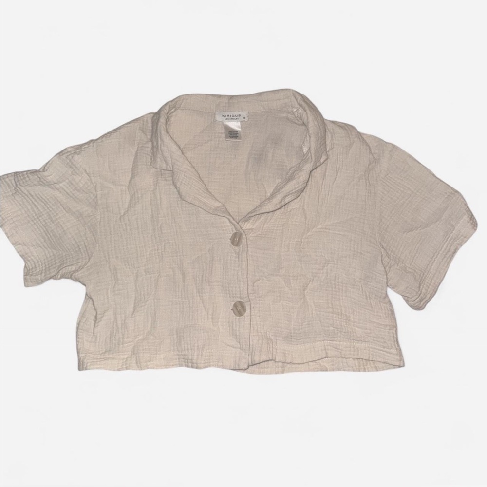 Light Beige Cropped Waffle Button Front Top